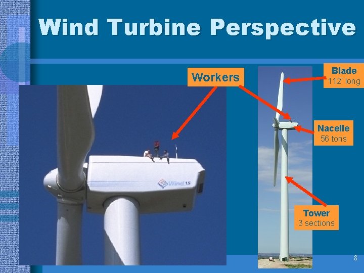 Wind Turbine Perspective Workers Blade 112’ long Nacelle 56 tons Tower 3 sections 8