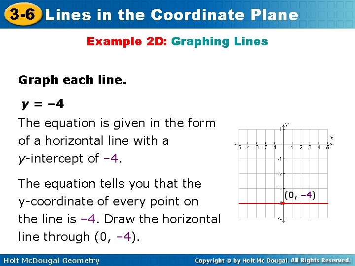 3 -6 Lines in the Coordinate Plane Example 2 D: Graphing Lines Graph each