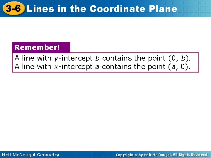 3 -6 Lines in the Coordinate Plane Remember! A line with y-intercept b contains