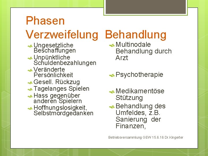 Phasen Verzweifelung Behandlung Ungesetzliche Beschaffungen Unpünktliche Schuldenbezahlungen Veränderte Persönlichkeit Gesell. Rückzug Tagelanges Spielen Hass