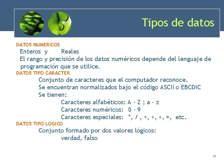 Tipos de datos DATOS NUMERICOS Enteros y Reales El rango y precisión de los Tipos de datos DATOS NUMERICOS Enteros y Reales El rango y precisión de los
