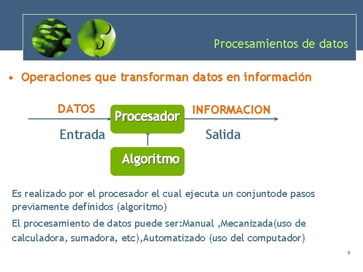 Procesamientos de datos • Operaciones que transforman datos en información DATOS Procesador INFORMACION Salida Procesamientos de datos • Operaciones que transforman datos en información DATOS Procesador INFORMACION Salida