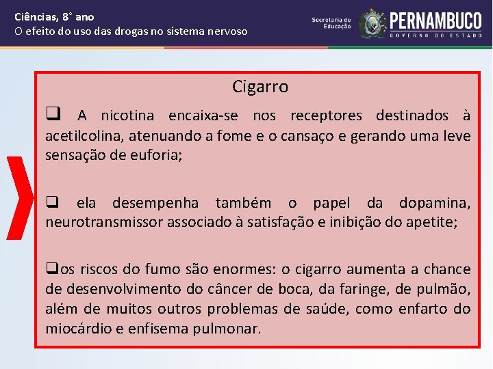 Ciências, 8° ano O efeito do uso das drogas no sistema nervoso Cigarro q