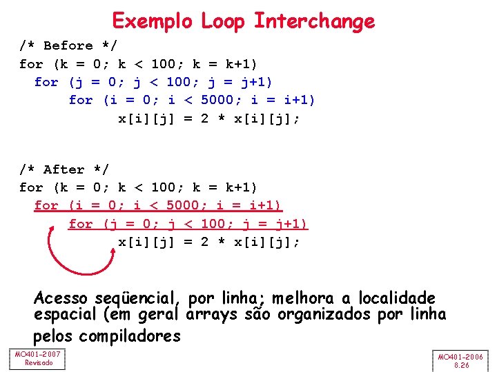 Exemplo Loop Interchange /* Before */ for (k = 0; k < 100; k