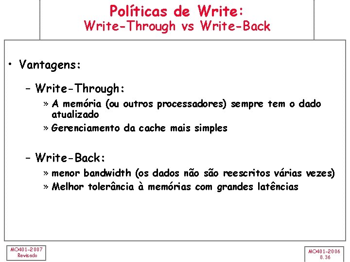 Políticas de Write: Write-Through vs Write-Back • Vantagens: – Write-Through: » A memória (ou