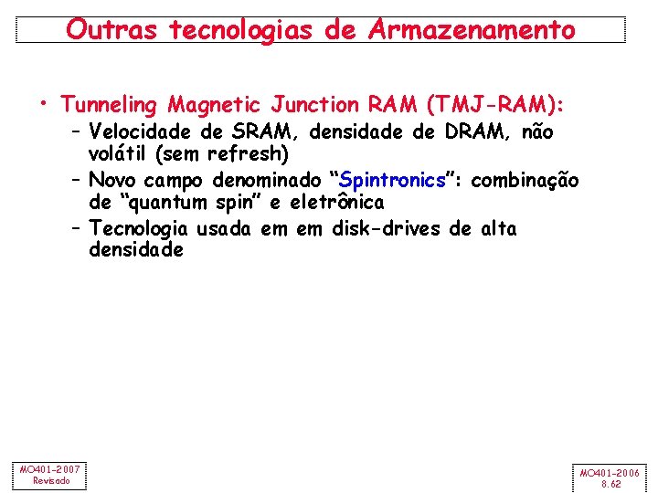 Outras tecnologias de Armazenamento • Tunneling Magnetic Junction RAM (TMJ-RAM): – Velocidade de SRAM,