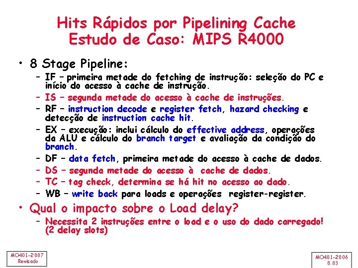 Hits Rápidos por Pipelining Cache Estudo de Caso: MIPS R 4000 • 8 Stage