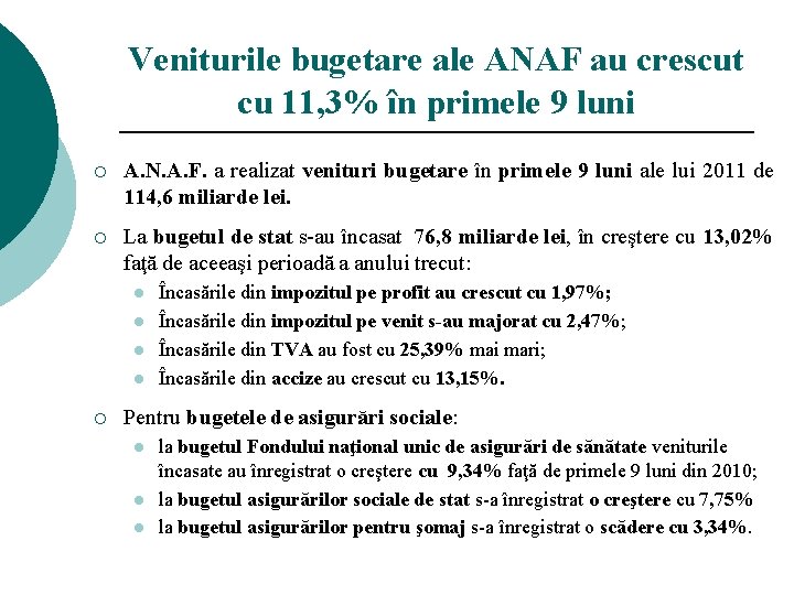 Veniturile bugetare ale ANAF au crescut cu 11, 3% în primele 9 luni ¡