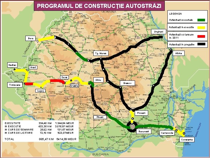 PROGRAMUL DE CONSTRUCŢIE AUTOSTRĂZI LEGENDA Autostrazi executate Autostrazi in executie Ungheni Autostrazi cu lansare