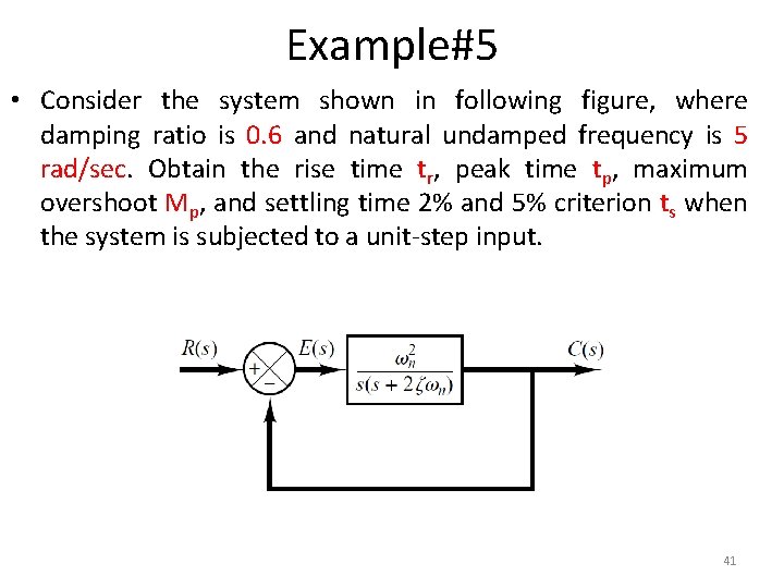 Example#5 • Consider the system shown in following figure, where damping ratio is 0.