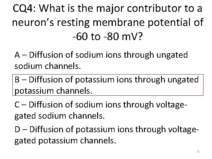 CQ 4: What is the major contributor to a neuron’s resting membrane potential of