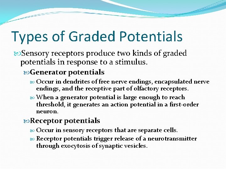 Types of Graded Potentials Sensory receptors produce two kinds of graded potentials in response
