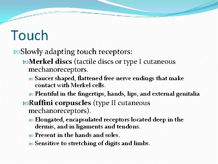 Touch Slowly adapting touch receptors: Merkel discs (tactile discs or type I cutaneous mechanoreceptors.