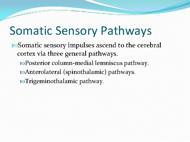 Somatic Sensory Pathways Somatic sensory impulses ascend to the cerebral cortex via three general