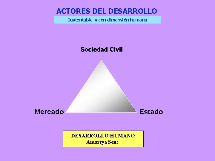 ACTORES DEL DESARROLLO Sustentable y con dimensión humana Sociedad Civil Mercado Estado DESARROLLO HUMANO