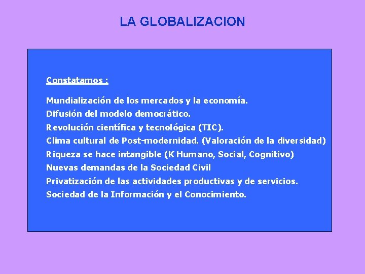 LA GLOBALIZACION Constatamos : Mundialización de los mercados y la economía. Difusión del modelo