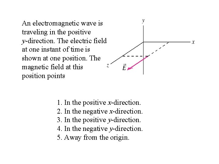 An electromagnetic wave is traveling in the positive y-direction. The electric field at one