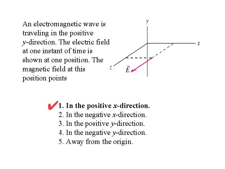 An electromagnetic wave is traveling in the positive y-direction. The electric field at one