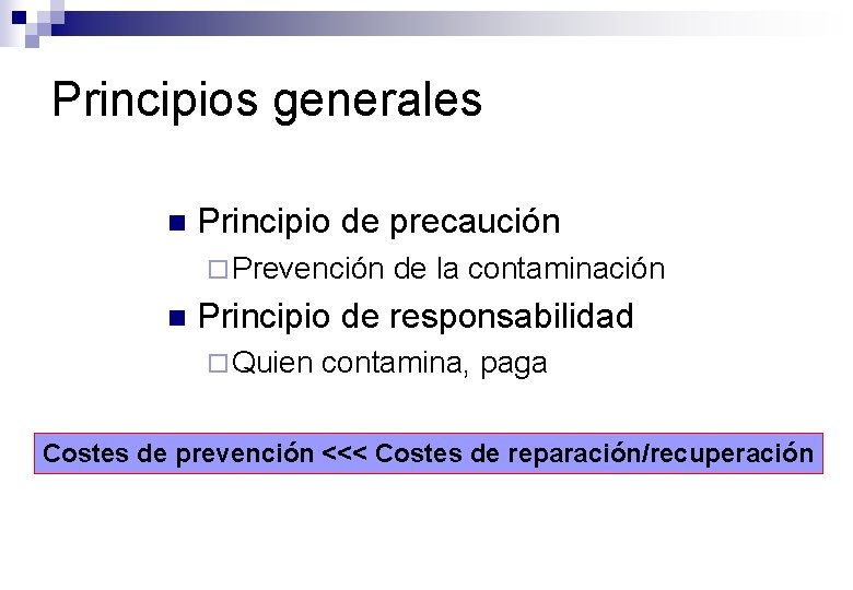 Principios generales n Principio de precaución ¨ Prevención n de la contaminación Principio de