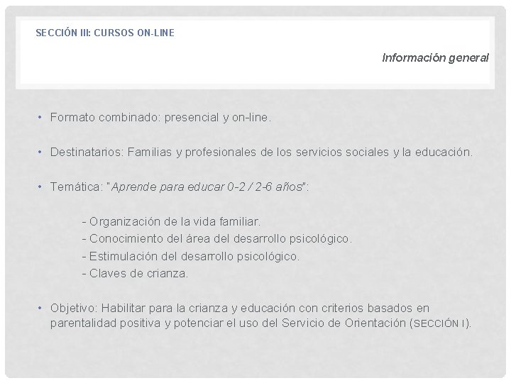 SECCIÓN III: CURSOS ON-LINE Información general • Formato combinado: presencial y on-line. • Destinatarios: SECCIÓN III: CURSOS ON-LINE Información general • Formato combinado: presencial y on-line. • Destinatarios: