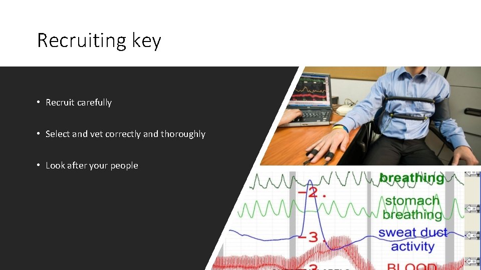 Recruiting key • Recruit carefully • Select and vet correctly and thoroughly • Look