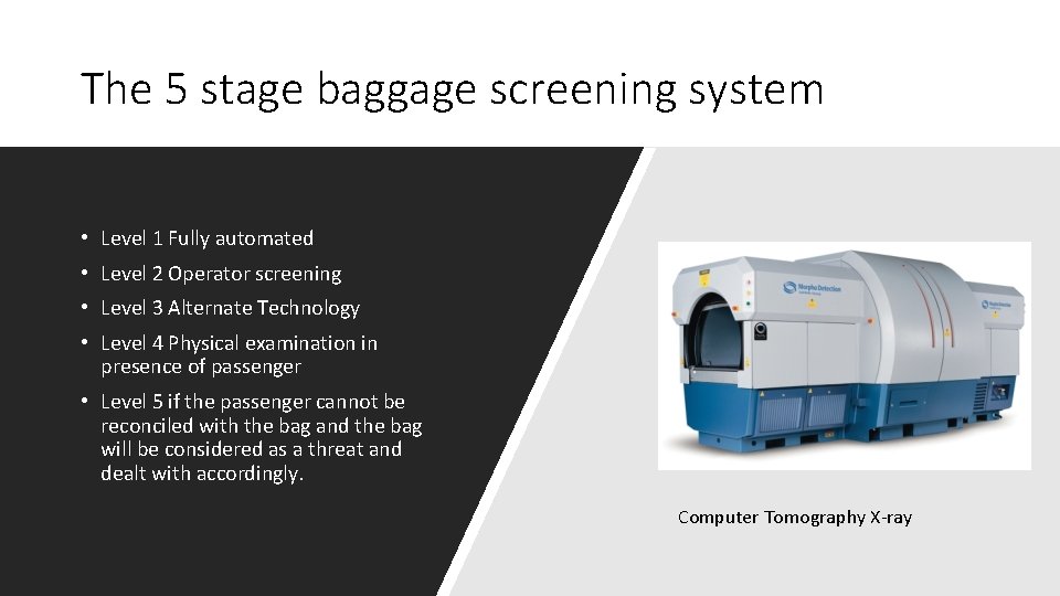 The 5 stage baggage screening system • Level 1 Fully automated • Level 2