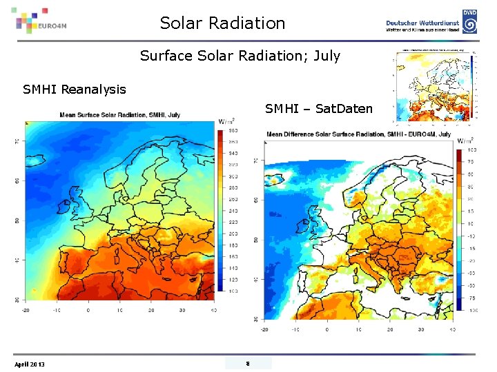 Solar Radiation Surface Solar Radiation; July SMHI Reanalysis SMHI – Sat. Daten April 2013