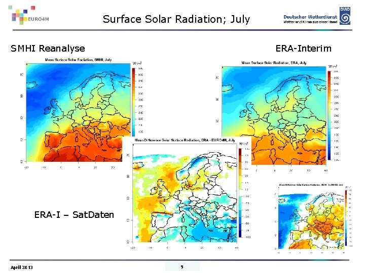 Surface Solar Radiation; July SMHI Reanalyse ERA-Interim ERA-I – Sat. Daten April 2013 9