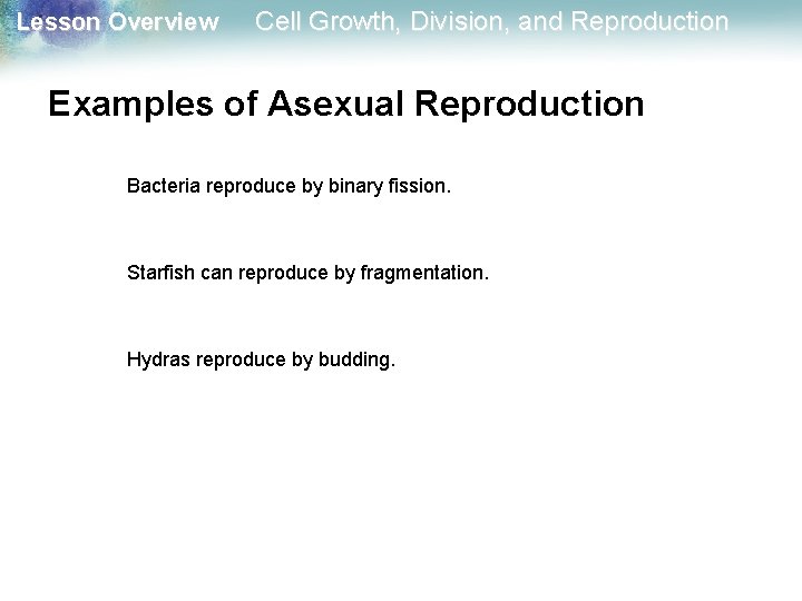 Lesson Overview Cell Growth, Division, and Reproduction Examples of Asexual Reproduction Bacteria reproduce by