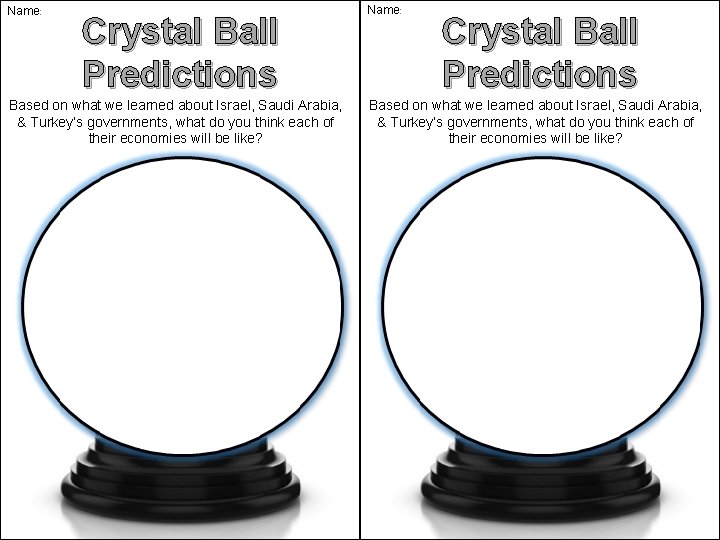 Name: Crystal Ball Predictions Based on what we learned about Israel, Saudi Arabia, &