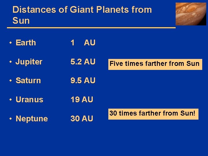 Distances of Giant Planets from Sun • Earth 1 AU • Jupiter 5. 2