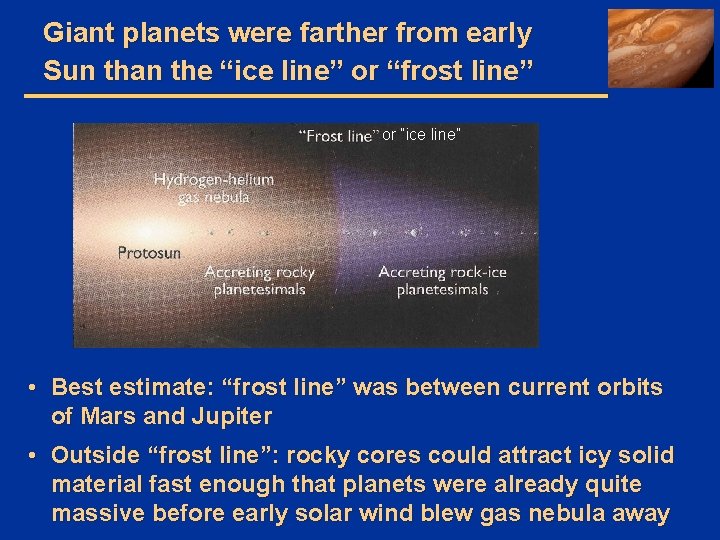 Giant planets were farther from early Sun than the “ice line” or “frost line”