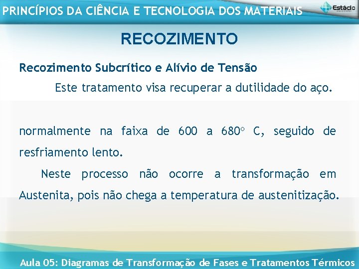 PRINCÍPIOS DA CIÊNCIA E TECNOLOGIA DOS MATERIAIS RECOZIMENTO Recozimento Subcrítico e Alívio de Tensão