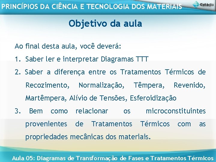 PRINCÍPIOS DA CIÊNCIA E TECNOLOGIA DOS MATERIAIS Objetivo da aula Ao final desta aula,