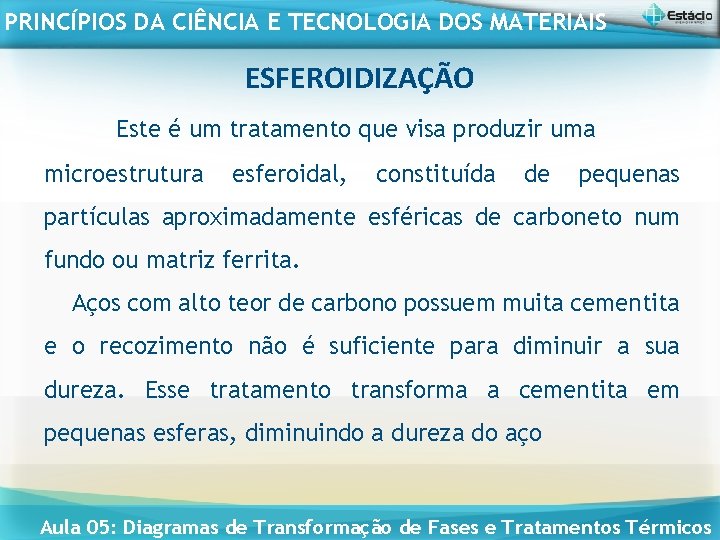 PRINCÍPIOS DA CIÊNCIA E TECNOLOGIA DOS MATERIAIS ESFEROIDIZAÇÃO Este é um tratamento que visa