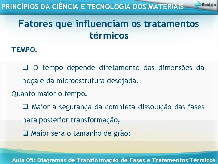 PRINCÍPIOS DA CIÊNCIA E TECNOLOGIA DOS MATERIAIS Fatores que influenciam os tratamentos térmicos TEMPO: