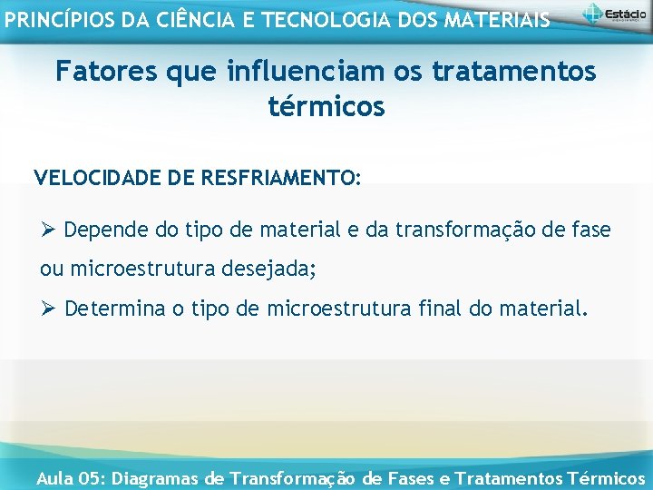 PRINCÍPIOS DA CIÊNCIA E TECNOLOGIA DOS MATERIAIS Fatores que influenciam os tratamentos térmicos VELOCIDADE