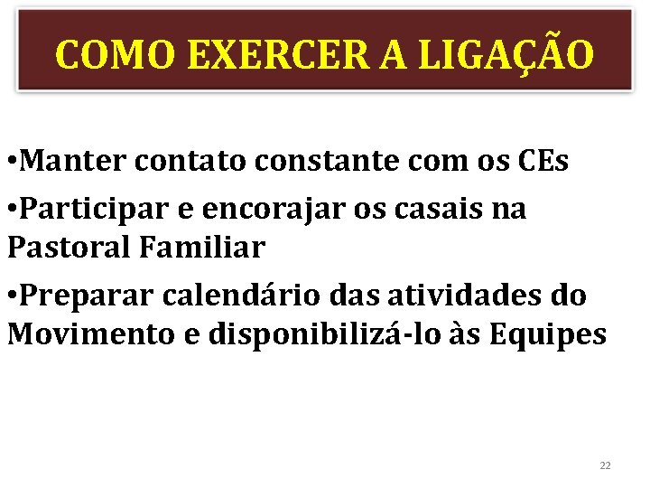 COMO EXERCER A LIGAÇÃO • Manter contato constante com os CEs • Participar e