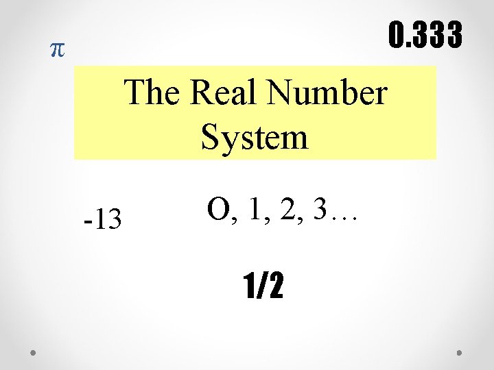 0. 333 π The Real Number System -13 O, 1, 2, 3… 1/2 