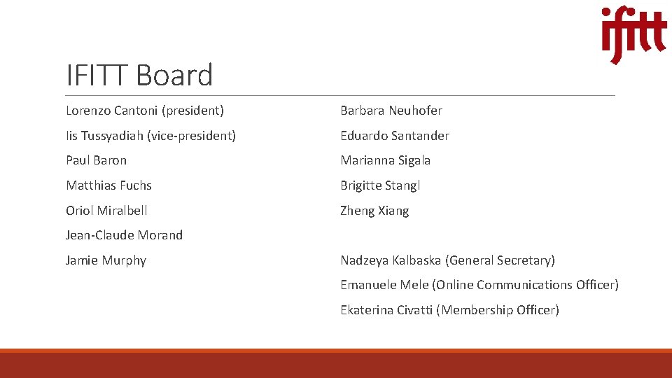 IFITT Board Lorenzo Cantoni (president) Barbara Neuhofer Iis Tussyadiah (vice-president) Eduardo Santander Paul Baron