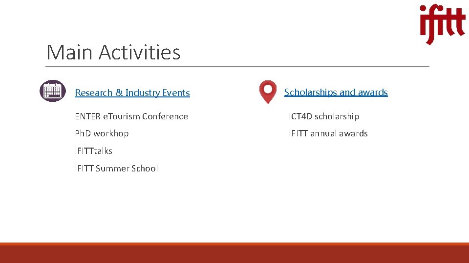 Main Activities Research & Industry Events Scholarships and awards ENTER e. Tourism Conference ICT