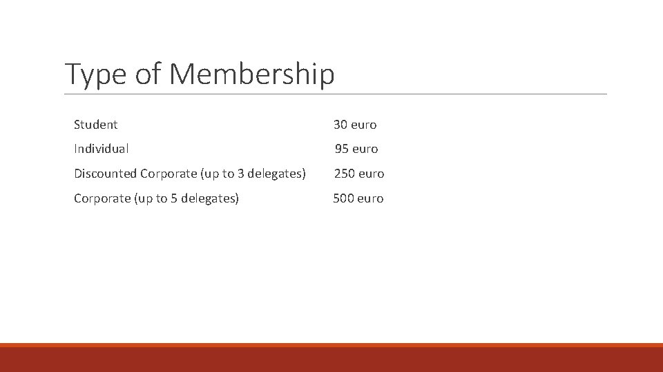 Type of Membership Student 30 euro Individual 95 euro Discounted Corporate (up to 3