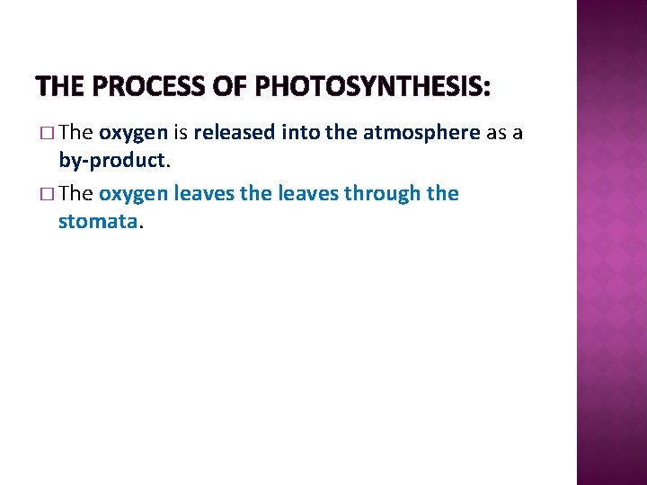 THE PROCESS OF PHOTOSYNTHESIS: � The oxygen is released into the atmosphere as a