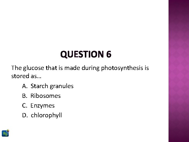 QUESTION 6 The glucose that is made during photosynthesis is stored as… A. Starch