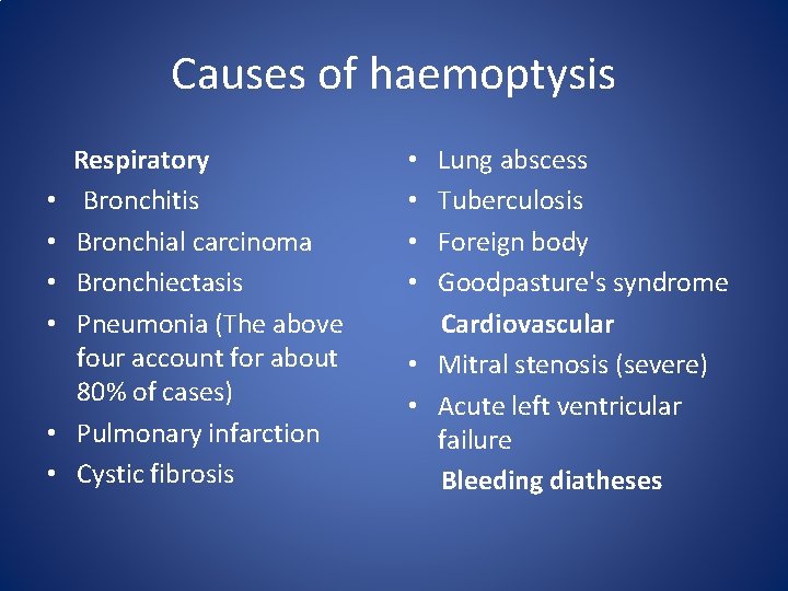 Causes of haemoptysis • • • Respiratory Bronchitis Bronchial carcinoma Bronchiectasis Pneumonia (The above Causes of haemoptysis • • • Respiratory Bronchitis Bronchial carcinoma Bronchiectasis Pneumonia (The above