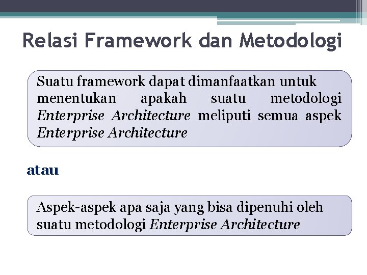 Relasi Framework dan Metodologi Suatu framework dapat dimanfaatkan untuk menentukan apakah suatu metodologi Enterprise