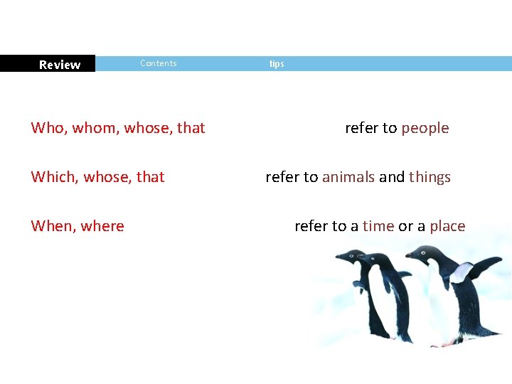 Review Contents tips Who, whom, whose, that refer to people Which, whose, that refer