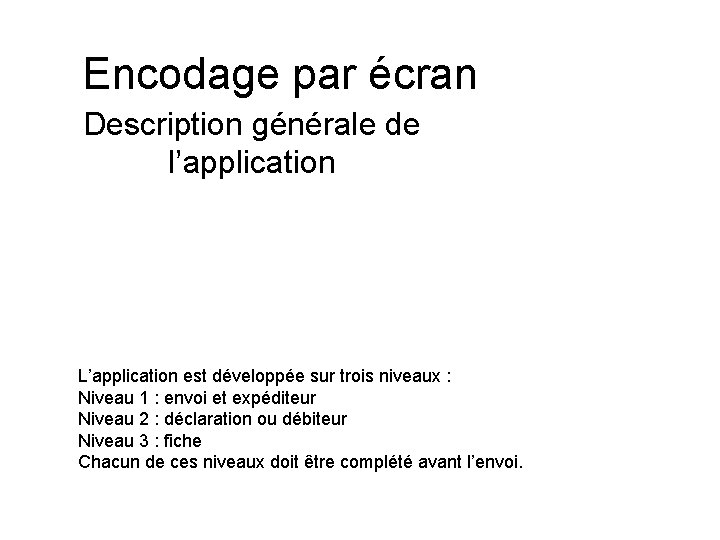 Encodage par écran Description générale de l’application L’application est développée sur trois niveaux :