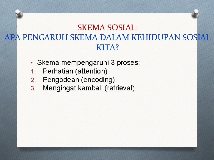 SKEMA SOSIAL: APA PENGARUH SKEMA DALAM KEHIDUPAN SOSIAL KITA? • Skema mempengaruhi 3 proses: