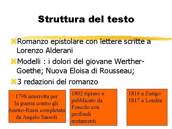 Struttura del testo z. Romanzo epistolare con lettere scritte a Lorenzo Alderani z. Modelli